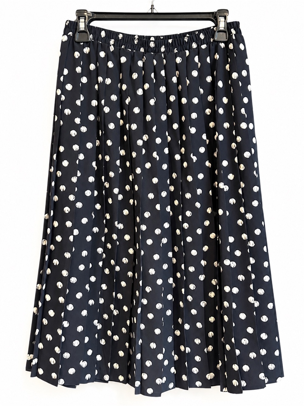 Leslie Fay Vintage 14P Navy Polka Dot Pleated Midi Skirt Elastic Waist